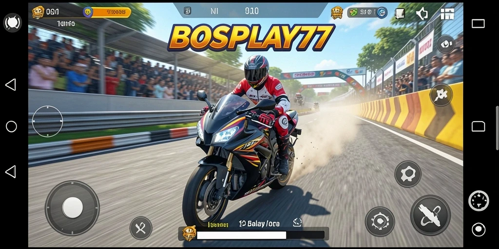 Screenshot gameplay BOSPLAY77 yang menampilkan balapan seru di trek.